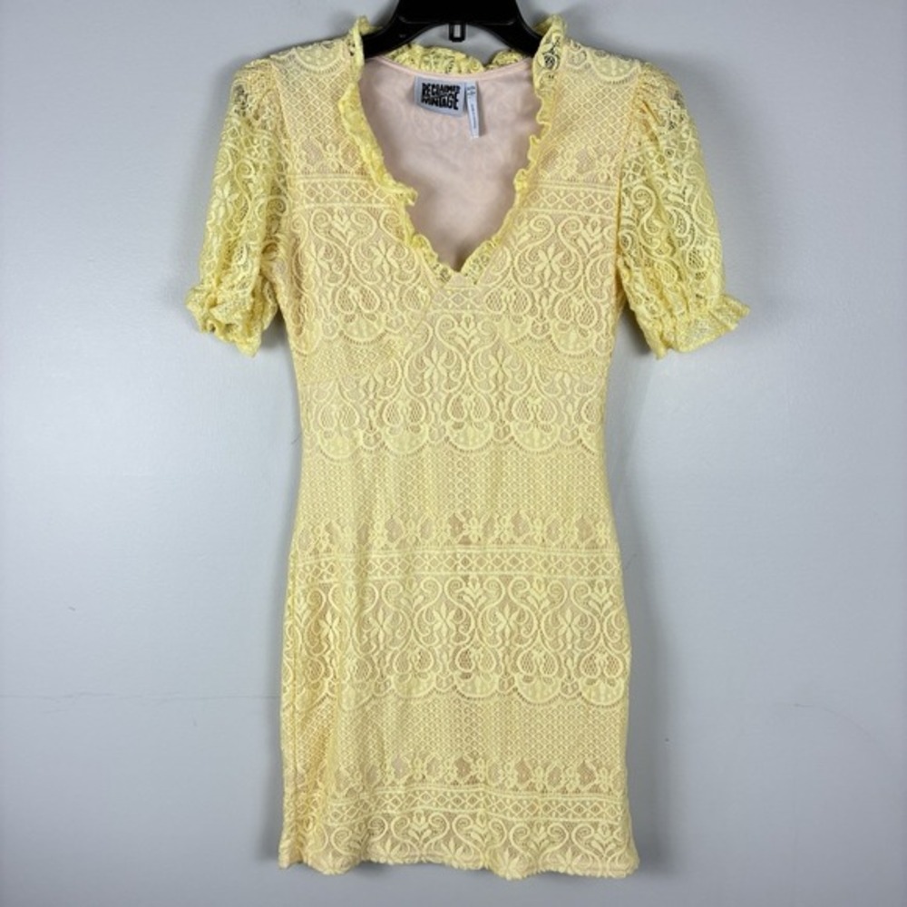 Reclaimed Vintage Womens Mini Dress Sz 6‎ Yellow Coquette Lace Overlay